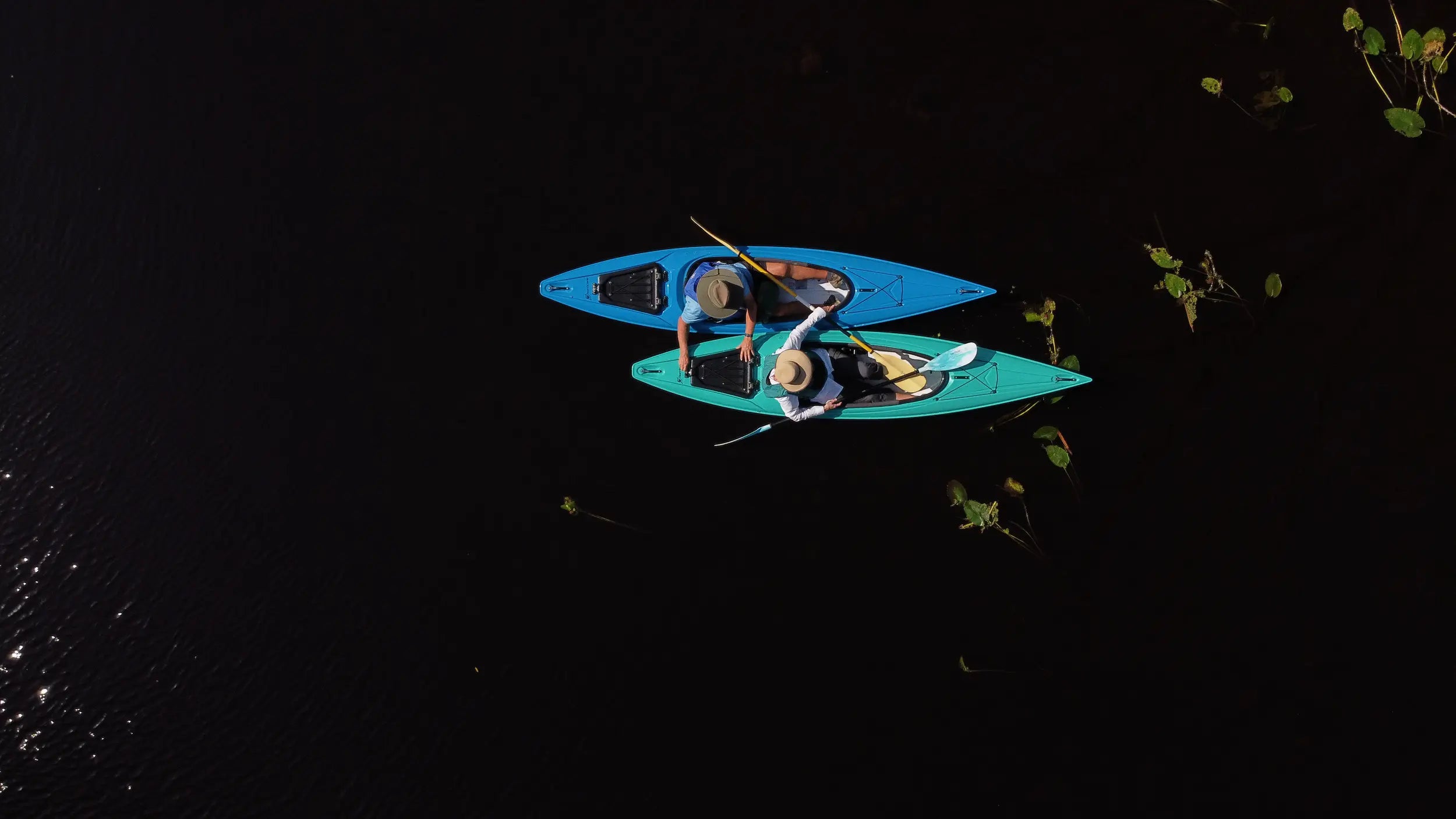 Aerial photo of two kayakers paddling