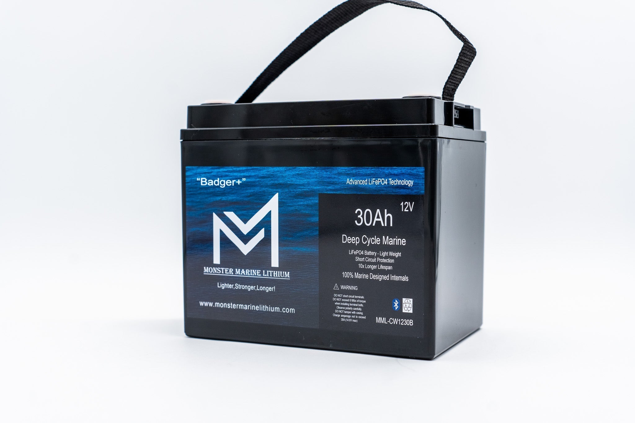 12v 30Ah Deep Cycle Lithium Marine Battery "Badger" - Bluetooth - MML-1230B, 12V Batteries, Monster Marine Lithium, at Festive Water Paddlesports