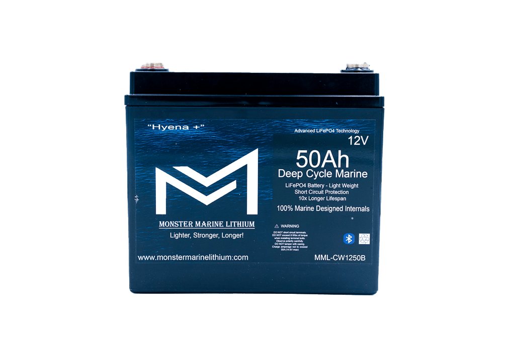 12v 50Ah Deep Cycle Lithium Marine Battery "Hyena" - Bluetooth - MML-CW1250B, 12V Batteries, Monster Marine Lithium, at Festive Water Paddlesports