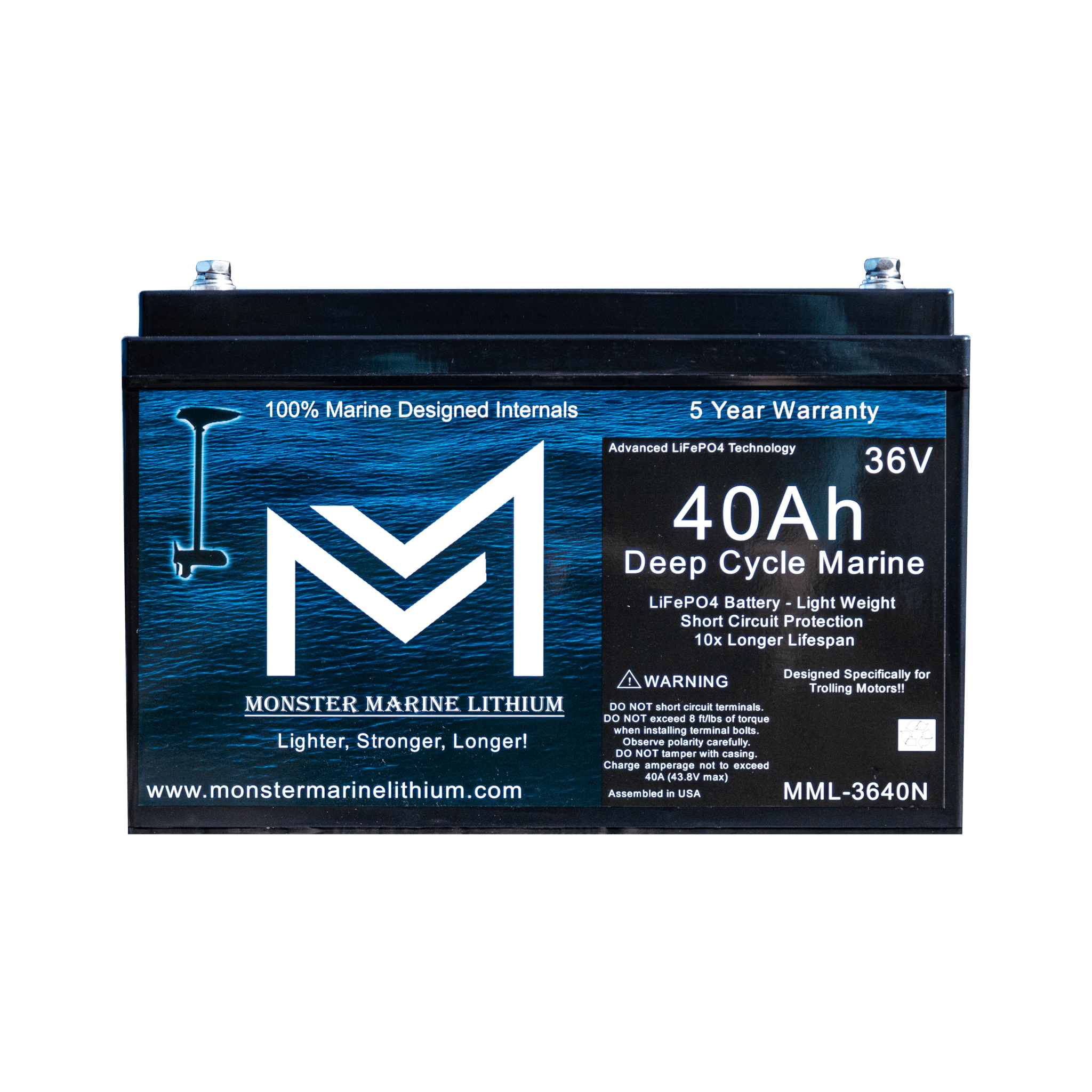36V 40AH Bluetooth Deep Cycle Lithium Marine Trolling Battery MML-3640B, 36V Battery, Monster Marine Lithium, at Festive Water Paddlesports