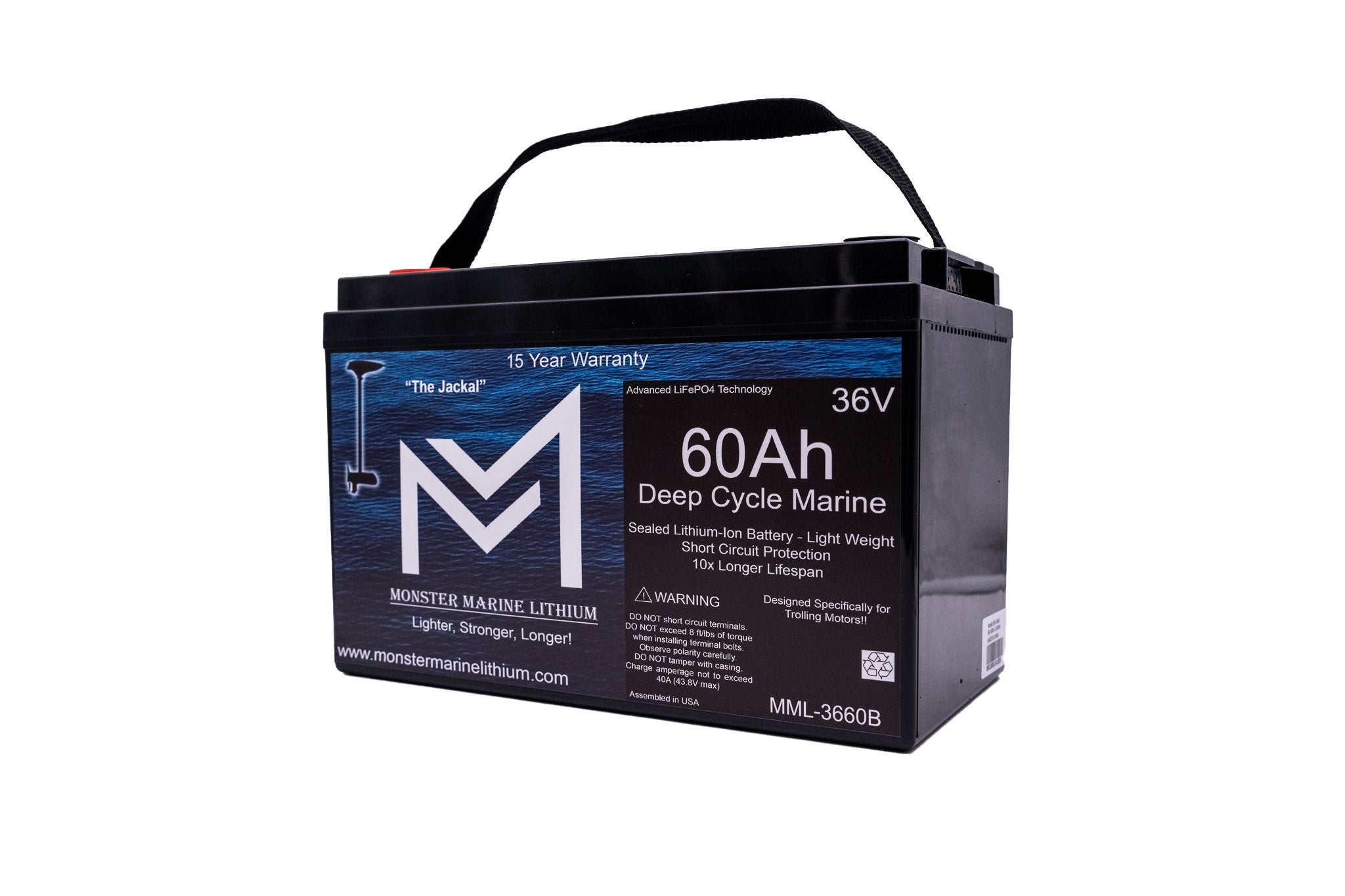 36V 60Ah Trolling Battery Bluetooth MML-3660B, 36V Battery, Monster Marine Lithium, at Festive Water Paddlesports