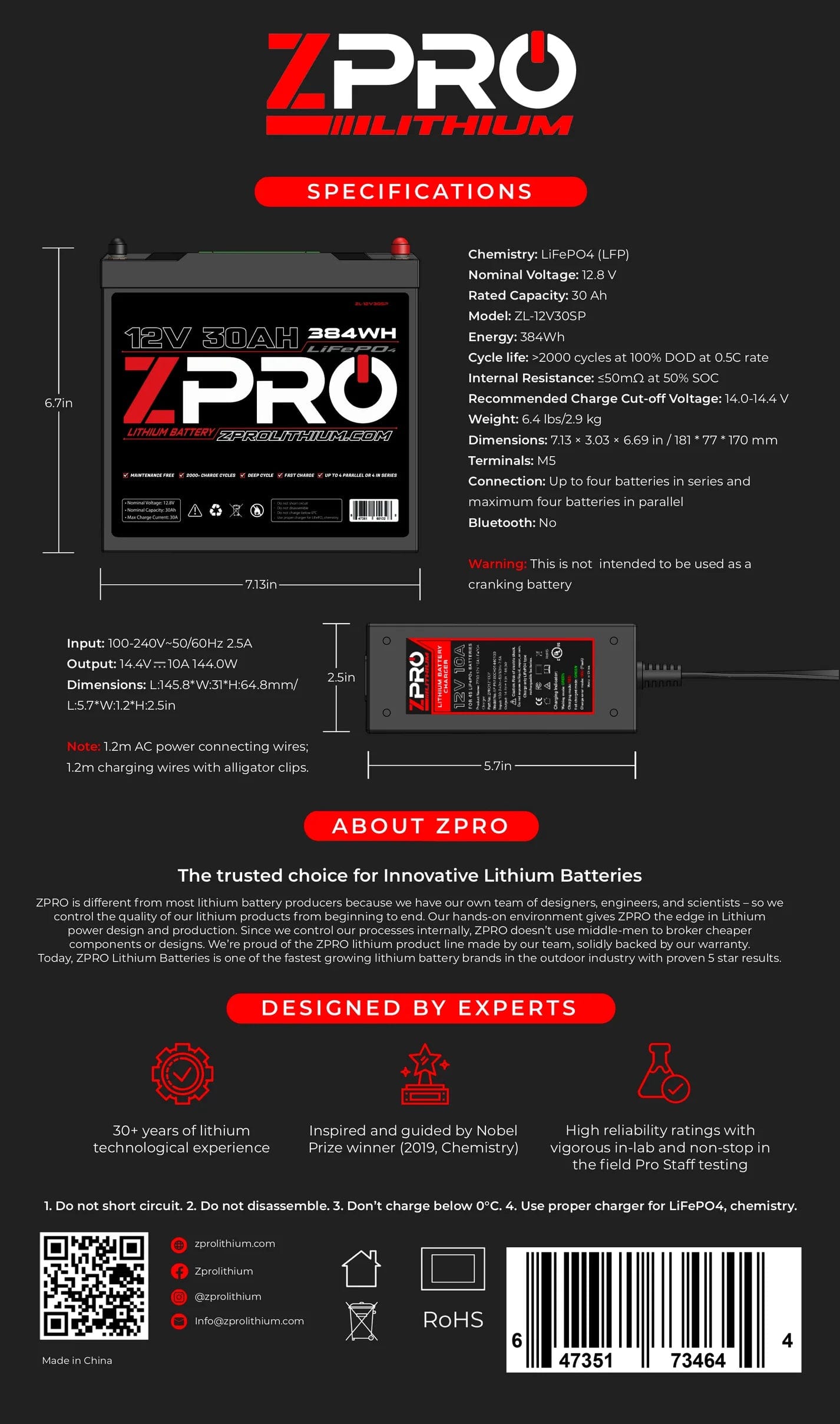 ZPro 12v 30ah Lithium Battery with Charger