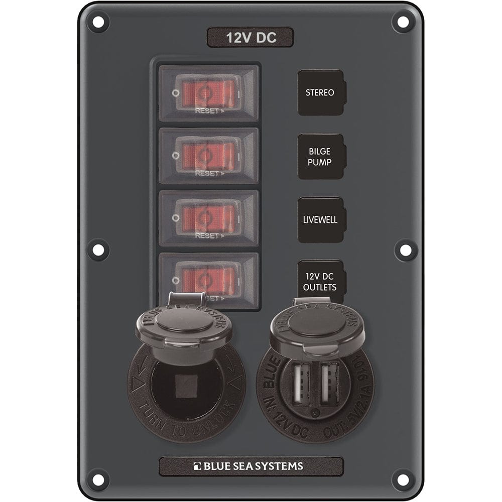 Blue Sea 4321 Circuit Breaker Switch Panel 4 Position - Gray w/12V Socket Dual USB [4321], Electrical Panels, Blue Sea Systems, , , at Festive Water Paddlesports