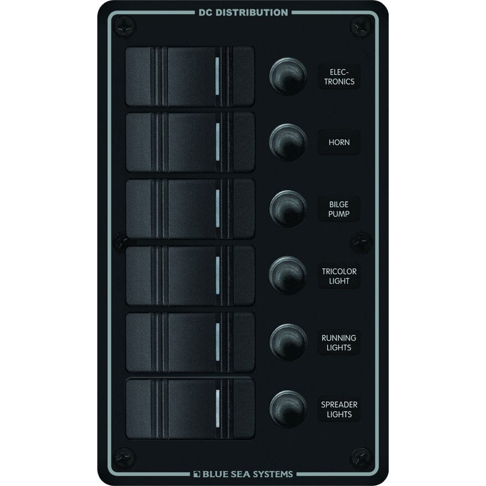 Blue Sea 8373 Water Resistant 6 Position - Black - Vertical Mount Panel [8373], Electrical Panels, Blue Sea Systems, , , at Festive Water Paddlesports