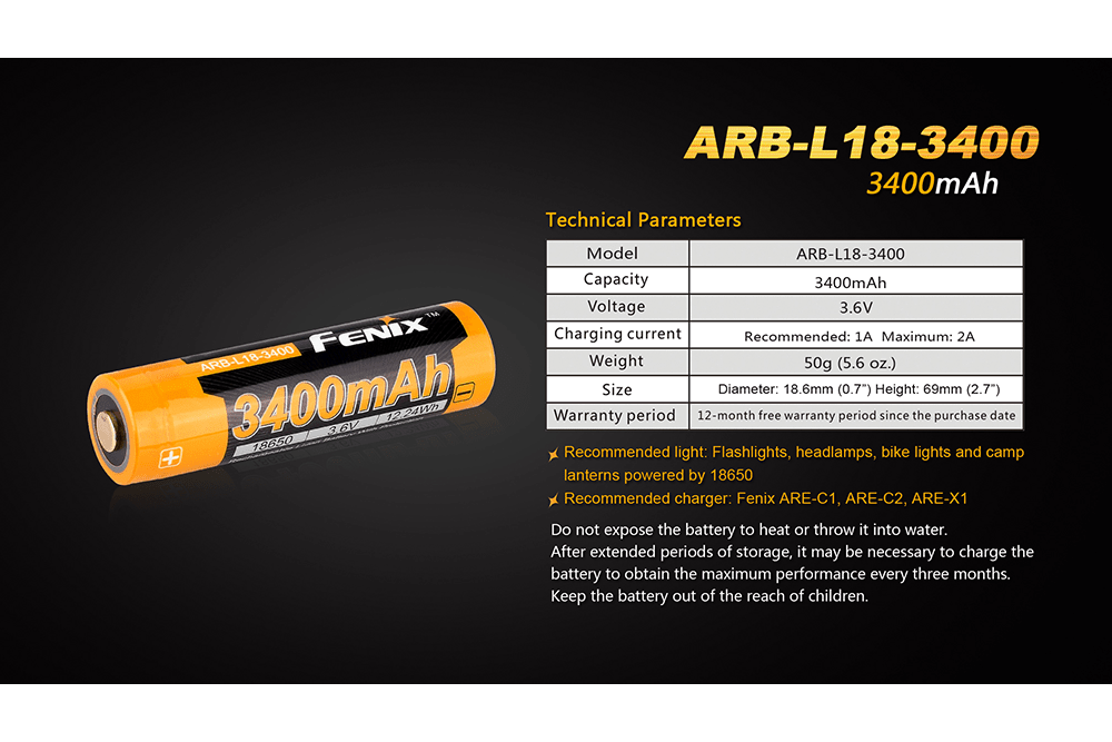 Fenix ARB - L18 - 3400mAh Rechargeable 18650 Battery, Battery, Fenix Store, at Festive Water Paddlesports