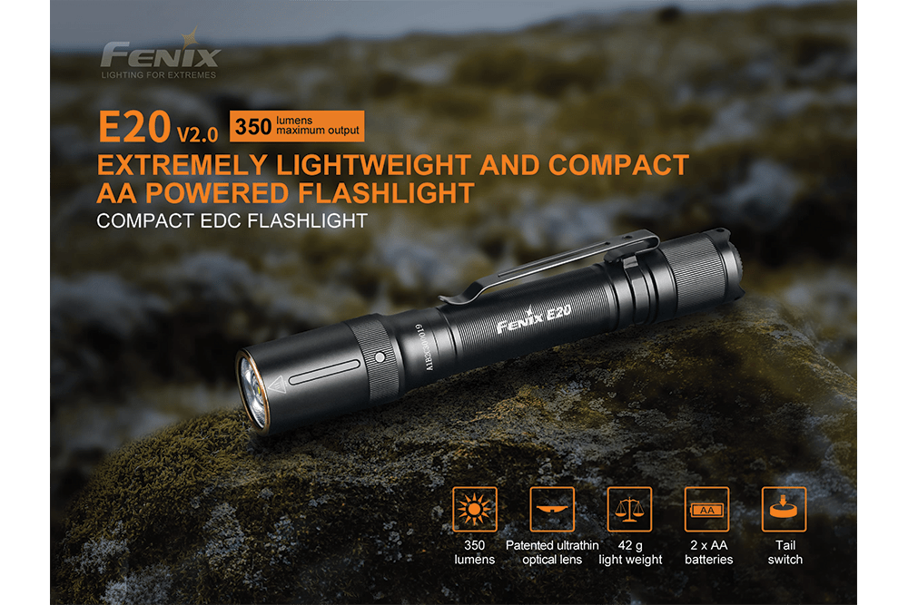 Fenix E20 V2.0 EDC Flashlight - 350 Lumens, EDC Flashlight, Fenix Store, at Festive Water Paddlesports