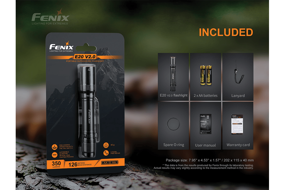 Fenix E20 V2.0 EDC Flashlight - 350 Lumens, EDC Flashlight, Fenix Store, at Festive Water Paddlesports
