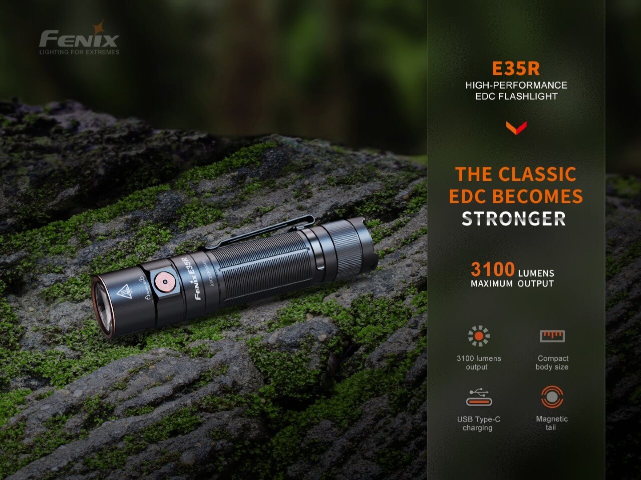 Fenix E35R High - Performance Rechargeable LED Flashlight, EDC Flashlight, Fenix Store, Black at Festive Water Paddlesports