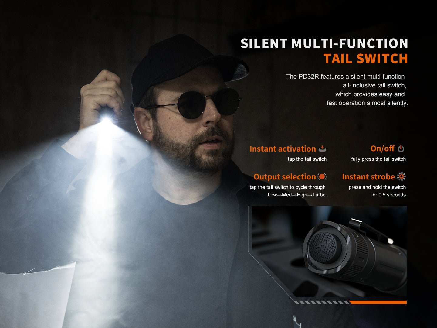 Fenix PD32R Rechargeable Silent Switch LED Flashlight, Tactical Flashlight, Fenix Store, Brunette at Festive Water Paddlesports