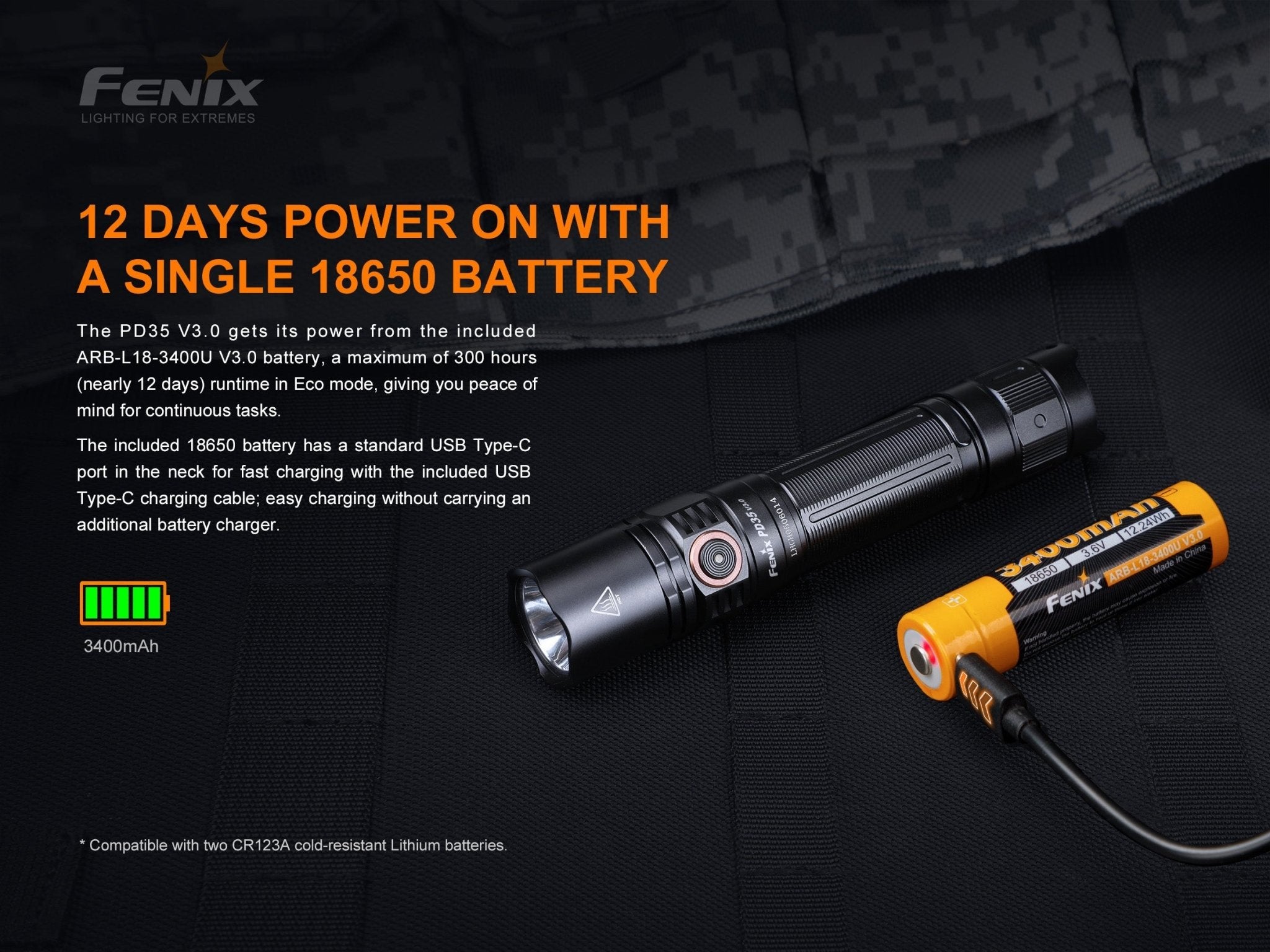 Fenix PD35 V3.0 Everyday Carry Flashlight - 1700 Lumens, Tactical Flashlight, Fenix Store, Black at Festive Water Paddlesports