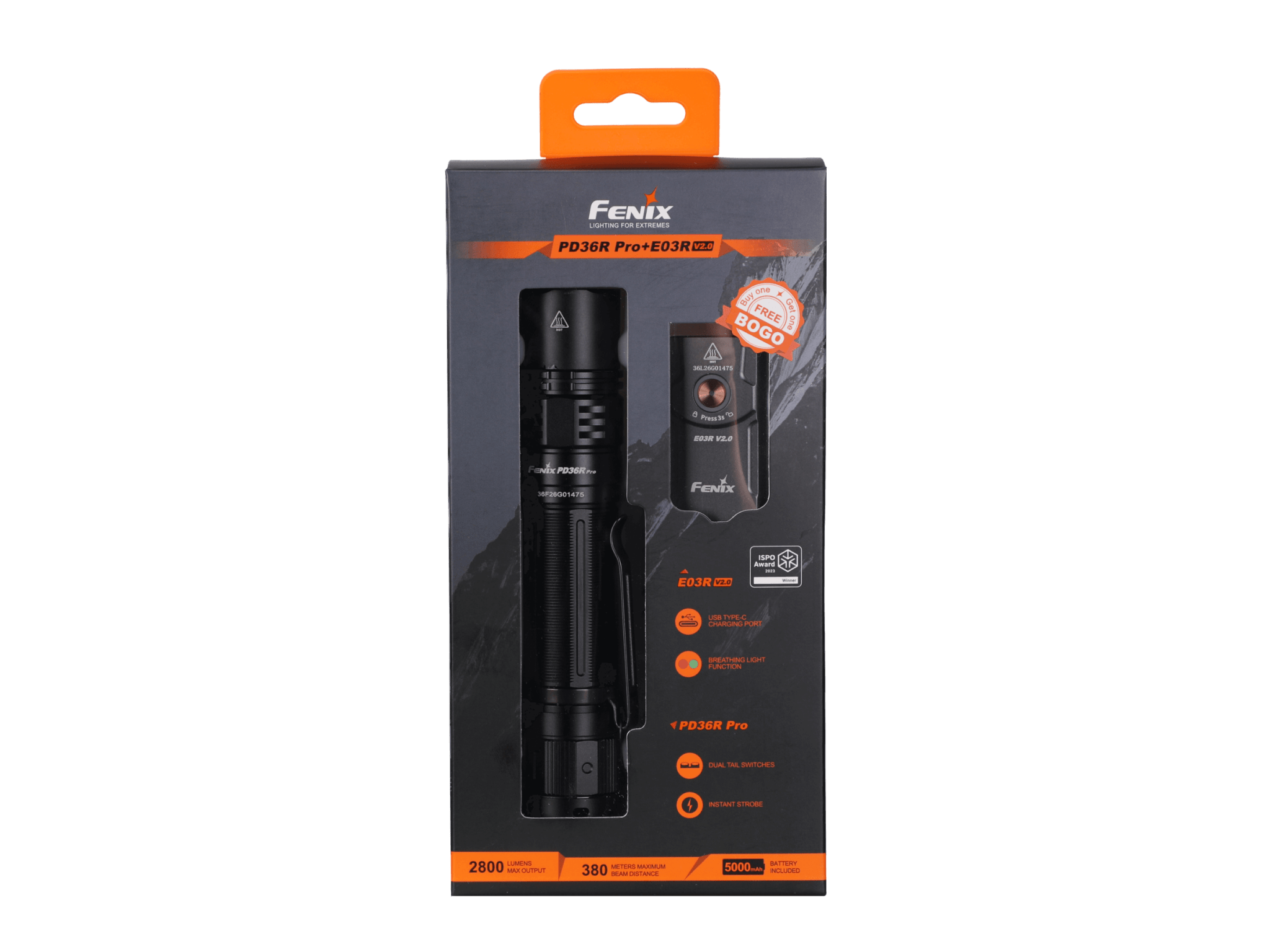Fenix PD36R Pro 2800 Lumen Flashlight, Tactical Flashlight, Fenix Store, PD36R Pro + FREE E03R V2 Grey at Festive Water Paddlesports