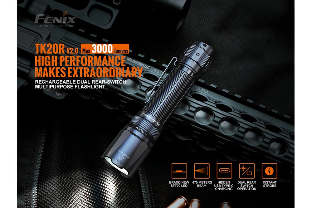 Fenix TK20R V2.0 Rechargeable Flashlight | 3000 lumens, Tactical Flashlight, Fenix Store, at Festive Water Paddlesports