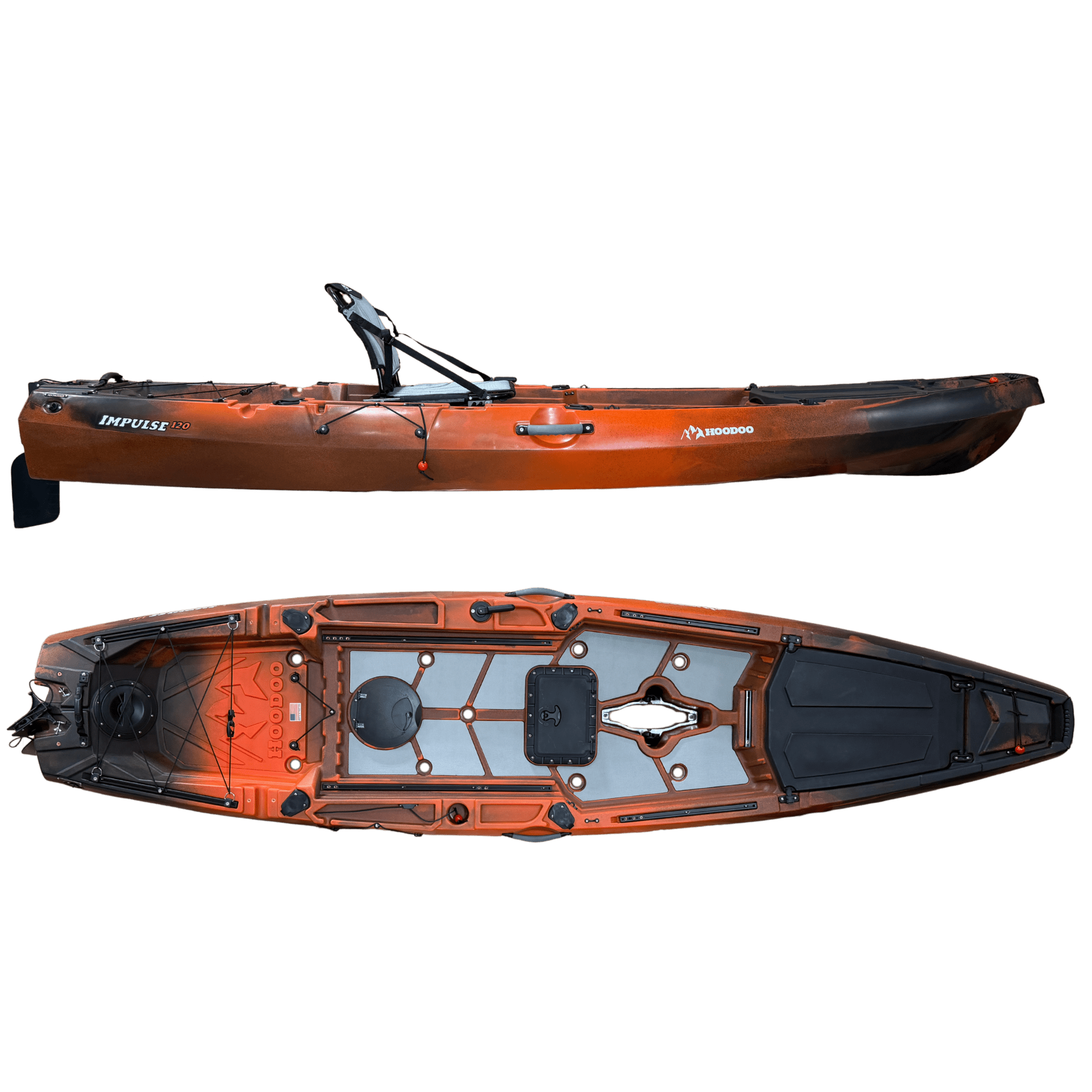Hoodoo Impulse 120 Fin Drive Kayak, Kayak, Hoodoo Sports, Paddle Only (No Fin Drive) Molten Lava at Festive Water Paddlesports