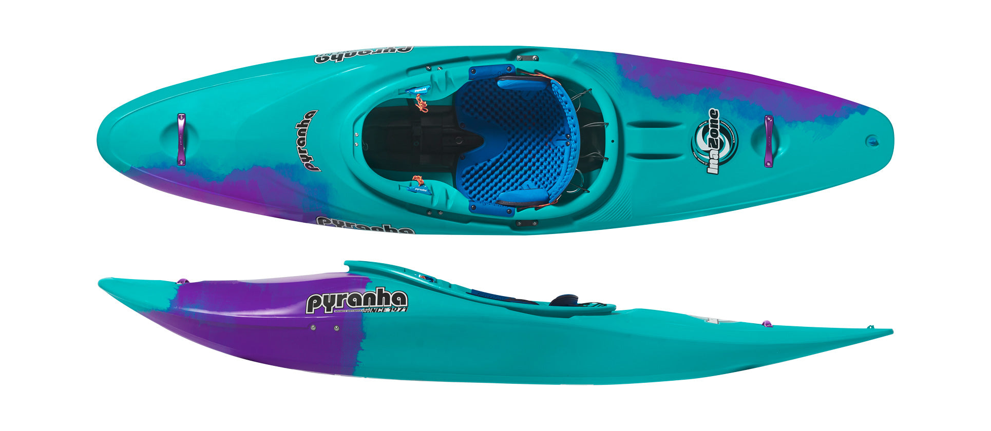 Pyranha InaZone Purple Mint - Turquoise and purple kayak with 'Pyranha' branding on a white background