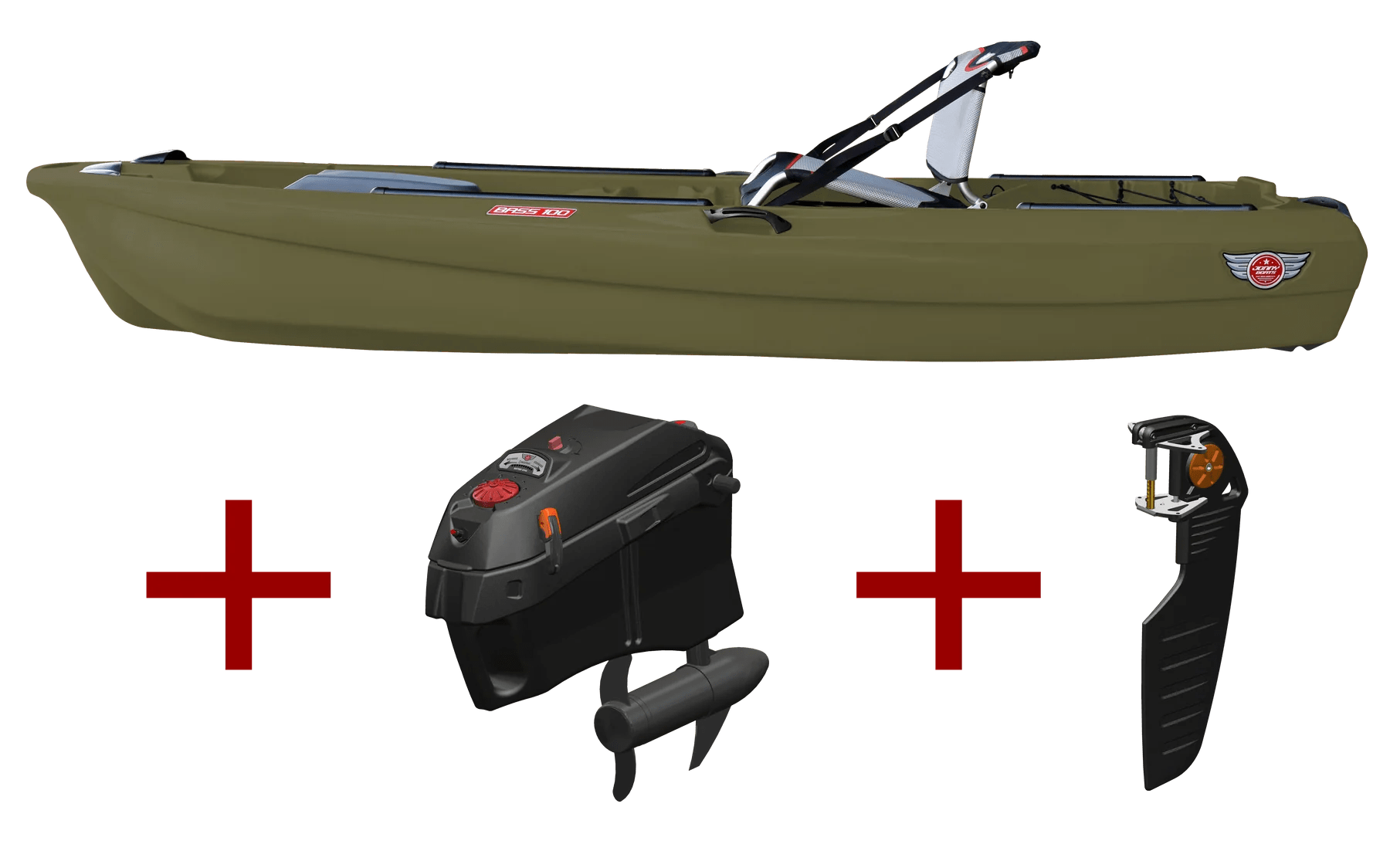 Jonny Boats Bass 100 with Jonny Pod Fixed Motor Package, Fishing Kayak, Feelfree, Army Green, , at Festive Water Paddlesports