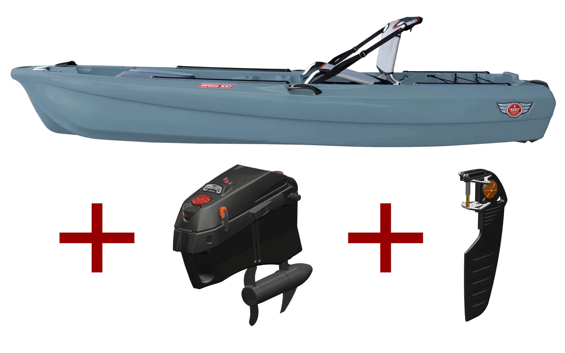 Jonny Boats Bass 100 with Jonny Pod Fixed Motor Package, Fishing Kayak, Feelfree, Blue Gray, , at Festive Water Paddlesports