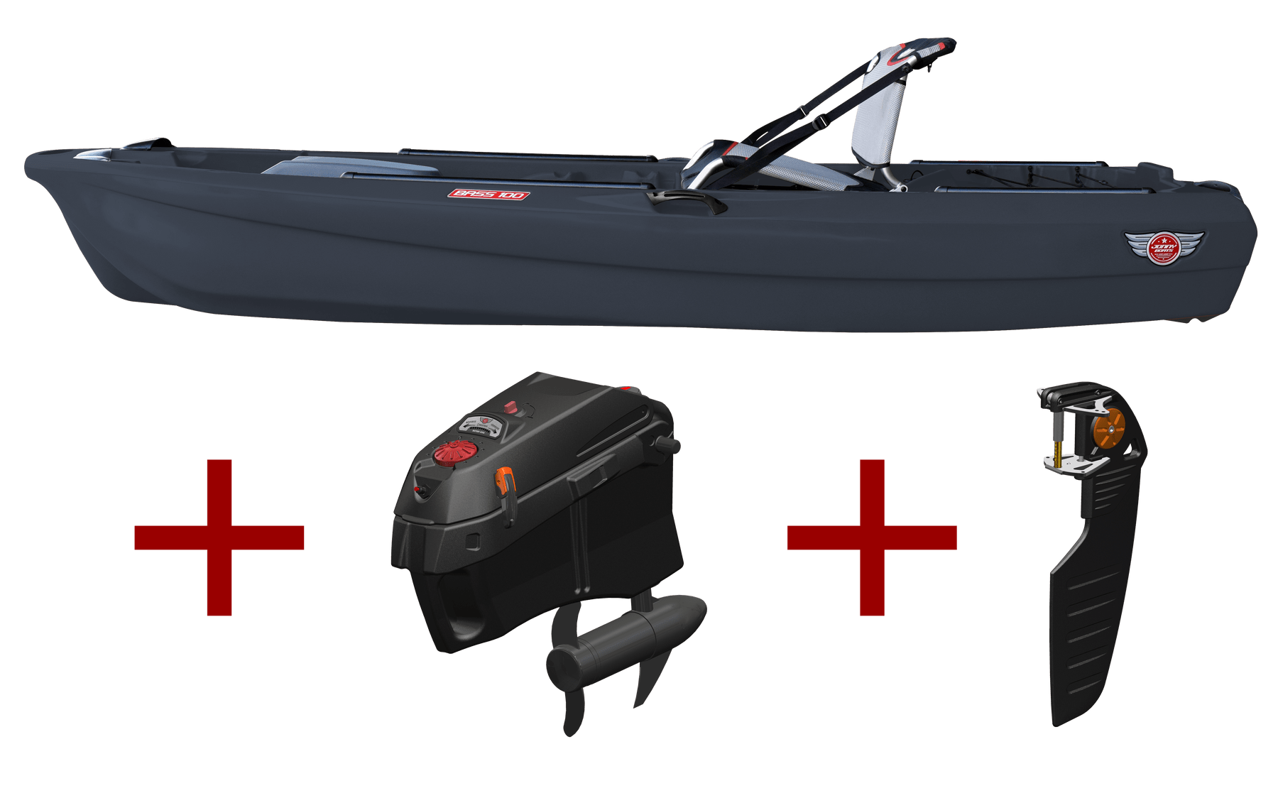 Jonny Boats Bass 100 with Jonny Pod Fixed Motor Package, Fishing Kayak, Feelfree, Charcoal, , at Festive Water Paddlesports