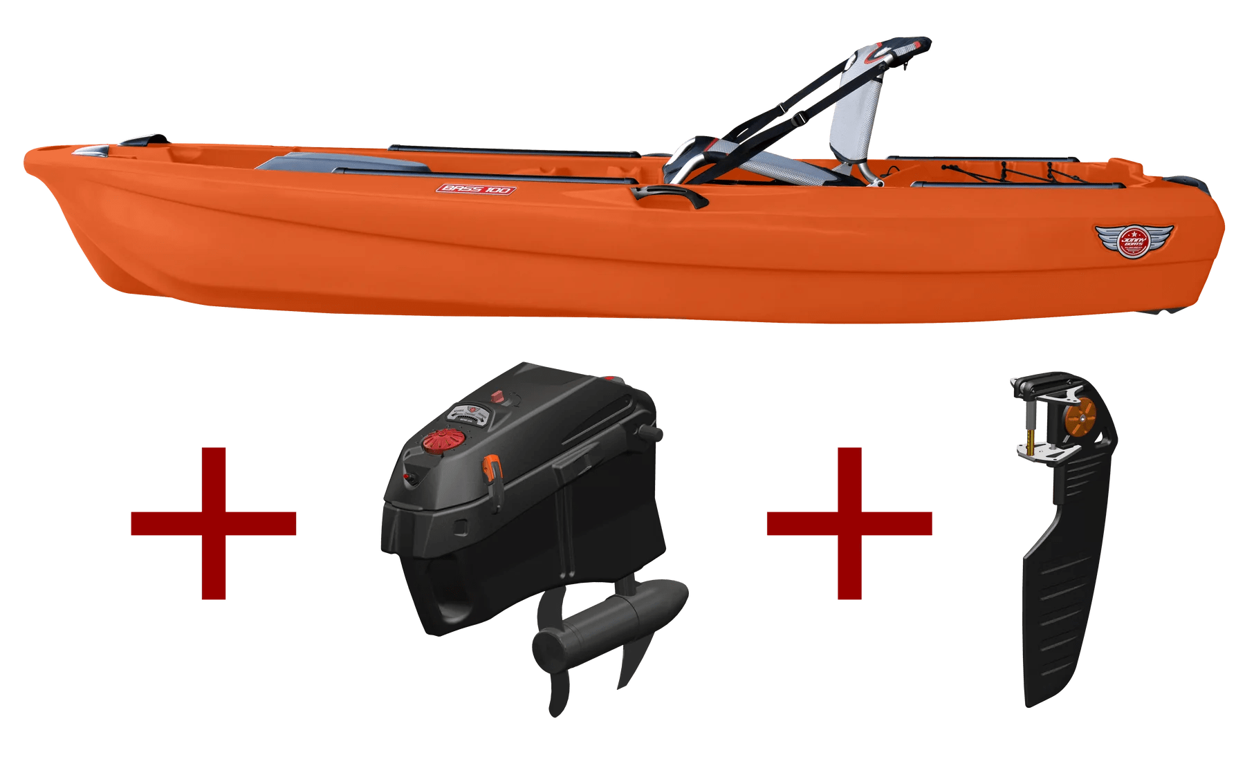Jonny Boats Bass 100 with Jonny Pod Fixed Motor Package, Fishing Kayak, Feelfree, Orange, , at Festive Water Paddlesports