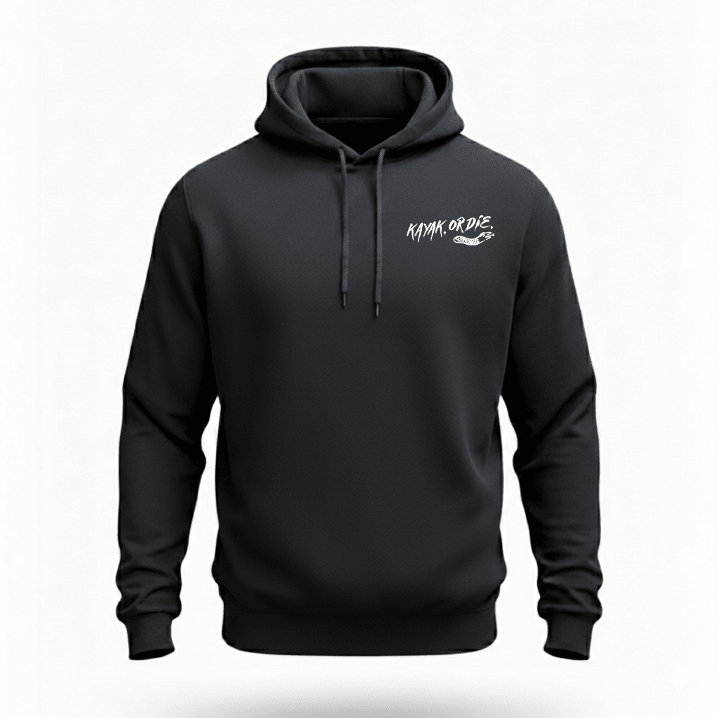 K,orD. LEFT CHEST HOODIE, hoodies, Kayak, or Die™, black xs at Festive Water Paddlesports