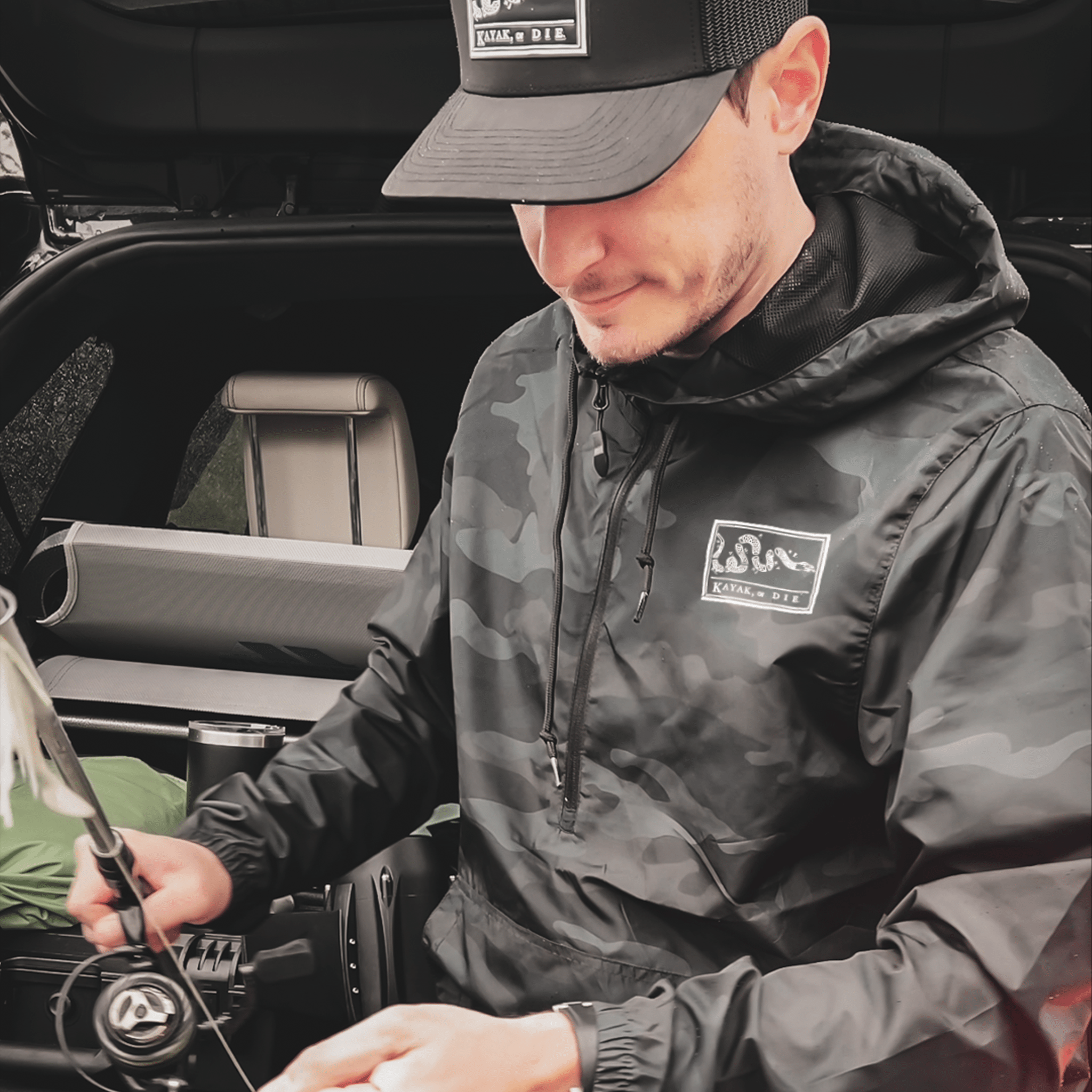 K,orD. PULLOVER HOODED WINDBREAKER, Hoodie, Kayak, or Die™, Black Camo S at Festive Water Paddlesports