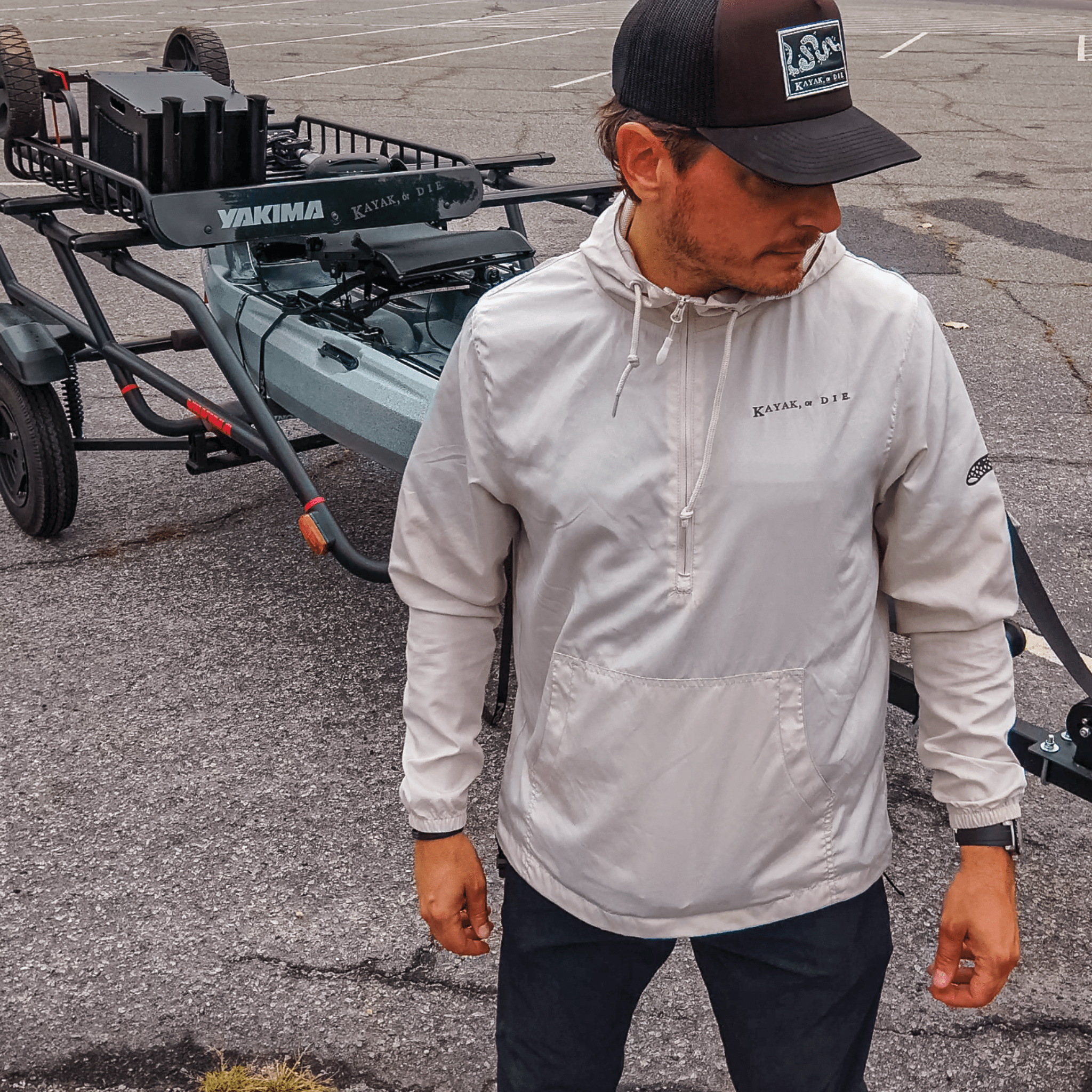 K,orD. PULLOVER HOODED WINDBREAKER, Hoodie, Kayak, or Die™, Smoke M at Festive Water Paddlesports