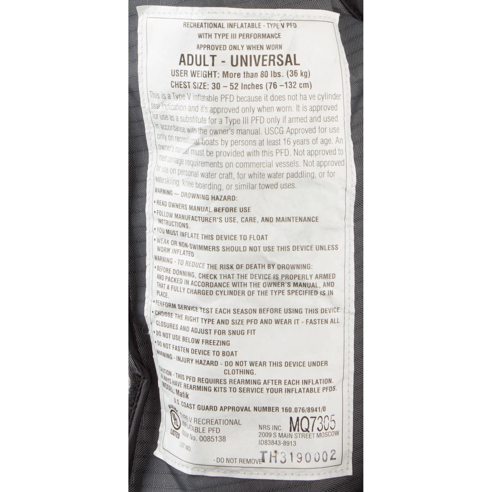 NRS Matik Inflatable PFD, Inflatable PFD, NRS, Charcoal, , at Festive Water Paddlesports