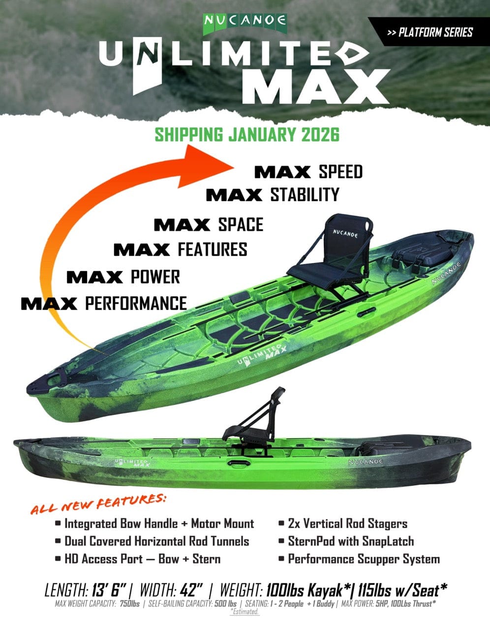 Nucanoe Unlimited MAX (U - MAX) Fishing Kayak, Fishing Kayak, NuCanoe, NUClear Green, , at Festive Water Paddlesports
