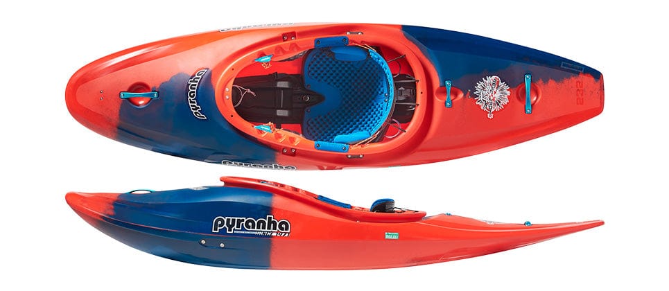  Elite Outfitting, Whitewater Kayak, Pyranha, Rosella Red, 232, at Festive Water Paddlesports