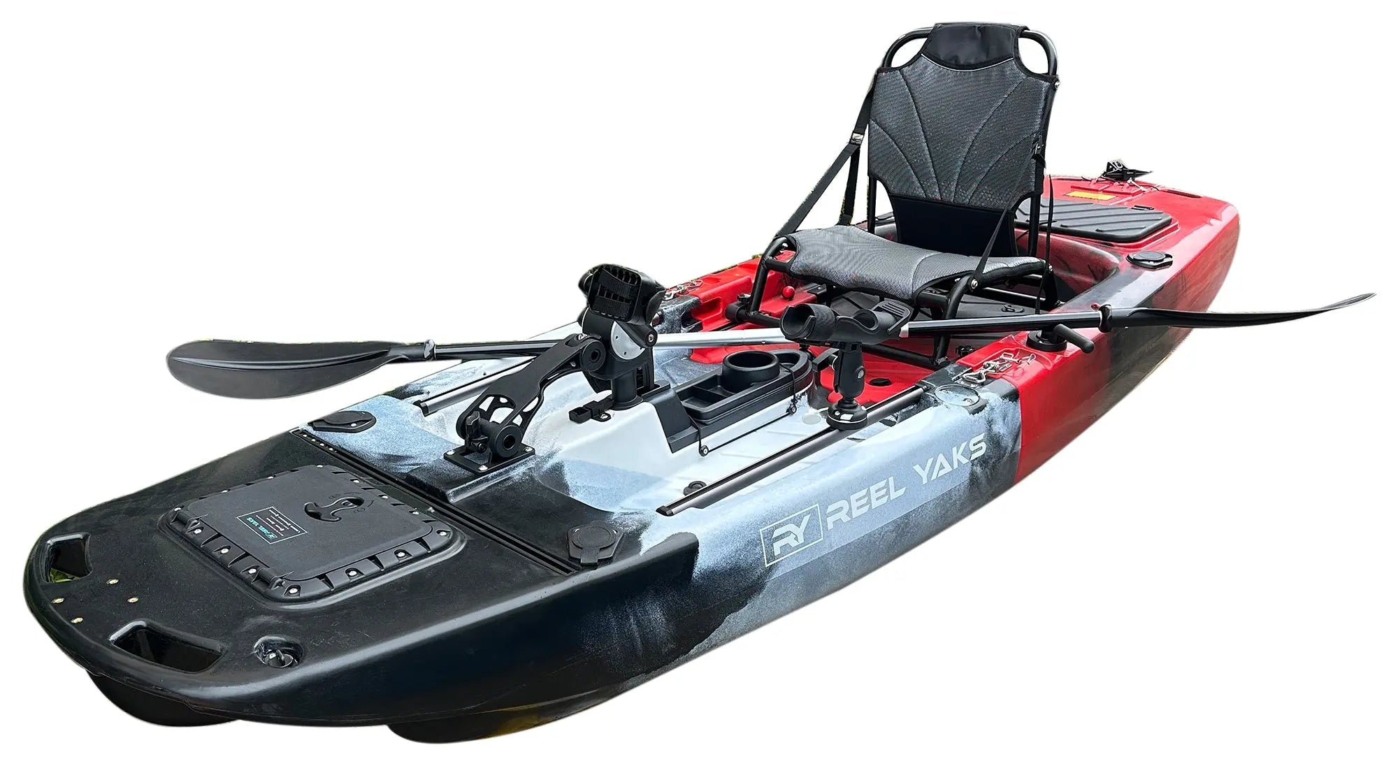 Raider 9.5ft Propeller Drive Modular Fishing Kayak, Fishing Kayak, ReelYaks, Red White Black in 1 - 2 weeks at Festive Water Paddlesports