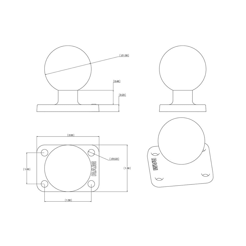 RAM Mount 1.5" x 2" Rectangle Base w/1.5" Ball [RAM - 202U - 152], C Size, RAM Mounting Systems, , , at Festive Water Paddlesports