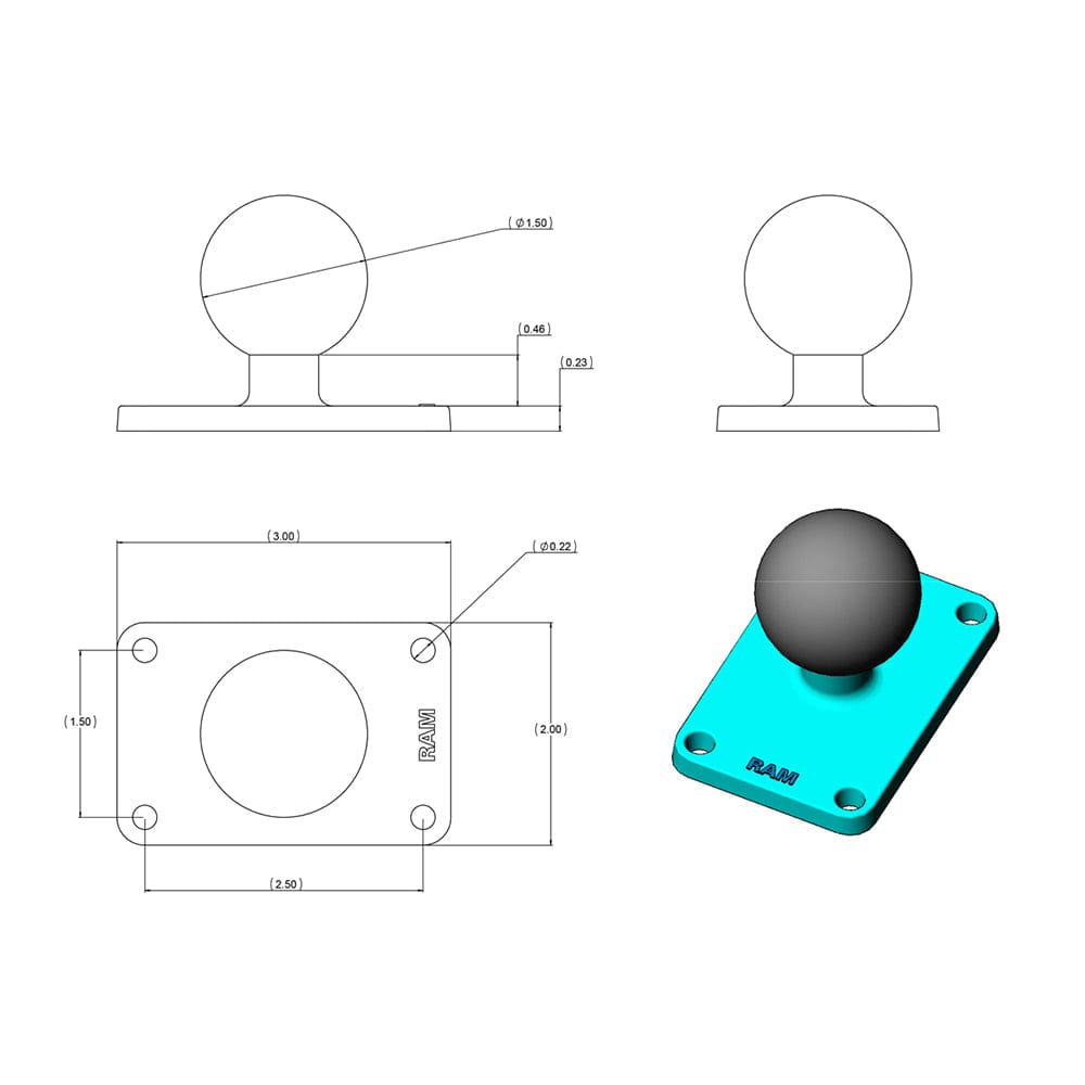 RAM Mount 2" x 3" Rectangle Base w/1.5" Ball [RAM - 202U - 23], C Size, RAM Mounting Systems, , , at Festive Water Paddlesports