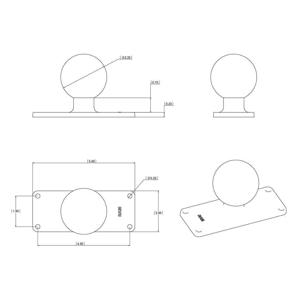 RAM Mount 2" x 5" Rectangular Base w/1.5" Ball [RAM - 202U - 25], C Size, RAM Mounting Systems, , , at Festive Water Paddlesports