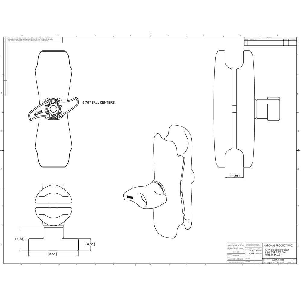 RAM Mount Double Socket Arm w/Jam Nut f/2.25" Bases [RAM - D - 201U - MI1], D Size, RAM Mounting Systems, , , at Festive Water Paddlesports