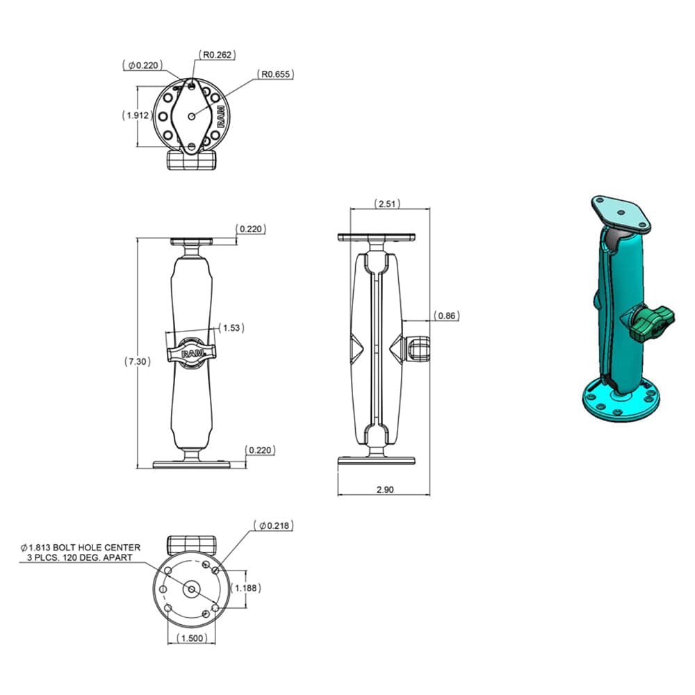 RAM Mount Flat Surface Mount Long Arm w/Diamond Base [RAM - B - 138U - C], Surface Mount, RAM Mounting Systems, , , at Festive Water Paddlesports