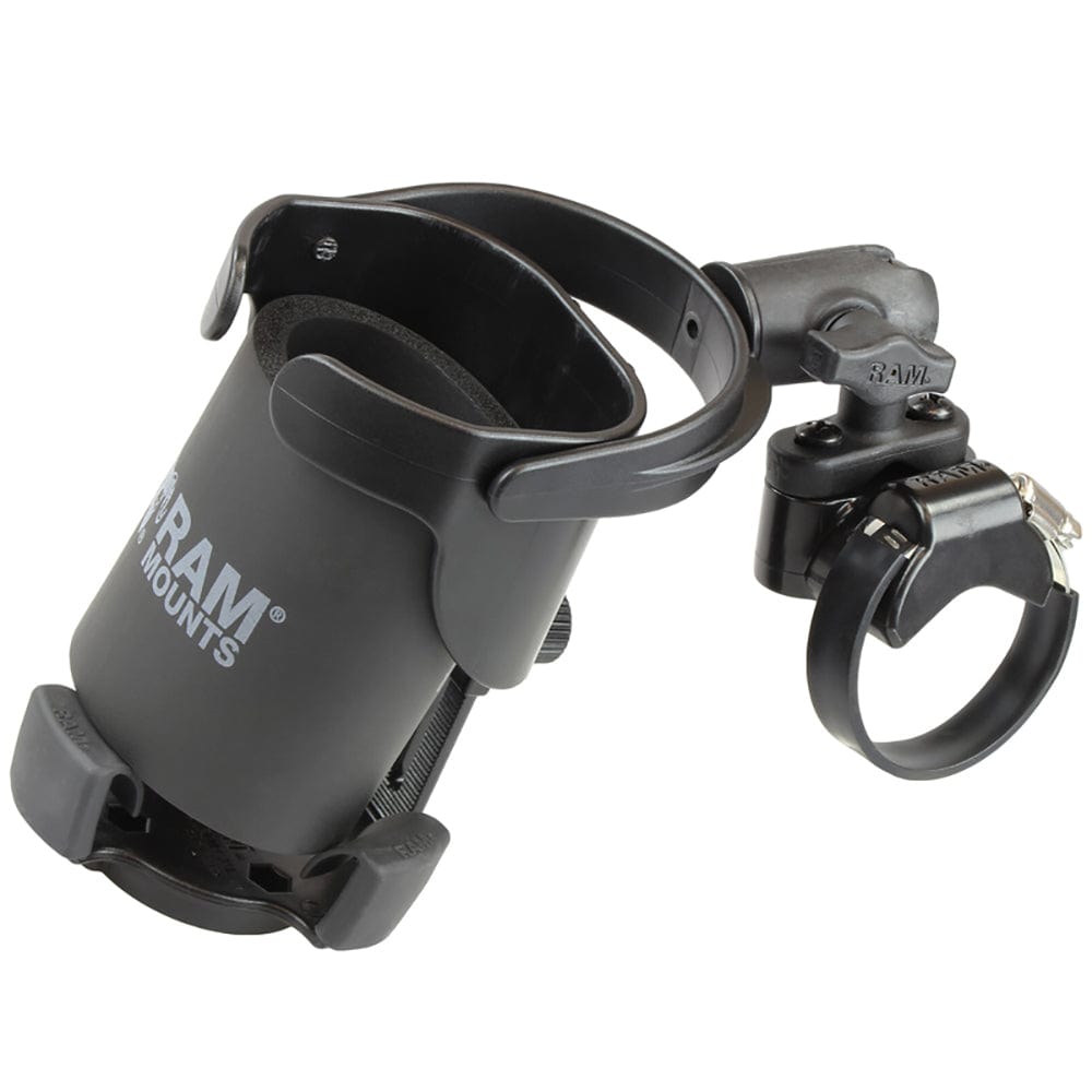 RAM Mount Level Cup XL Low Profile Mount w/Large Strap Clamp Base [RAP - B - 417 - 200 - 1 - 231Z - 2NUBU], Drink Cup Mounts, RAM Mounting Systems, , , at Festive Water Paddlesports