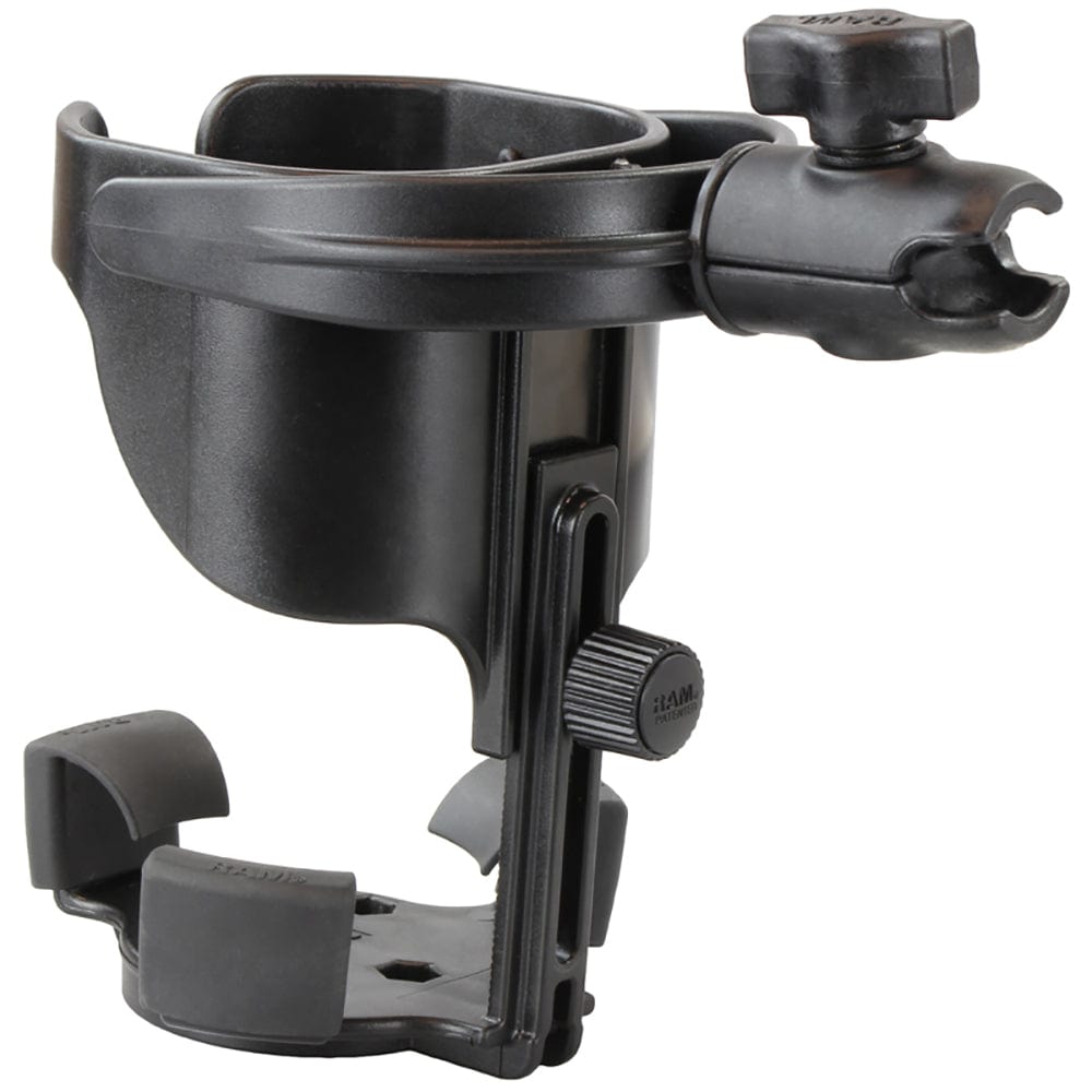 RAM Mount Level Cup XL Low Profile Mount w/Large Strap Clamp Base [RAP - B - 417 - 200 - 1 - 231Z - 2NUBU], Drink Cup Mounts, RAM Mounting Systems, , , at Festive Water Paddlesports
