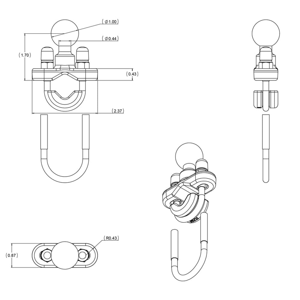 RAM Mount Rail Base w/Stainless Steel U - Bolt [RAM - B - 231U], B Size, RAM Mounting Systems, , , at Festive Water Paddlesports