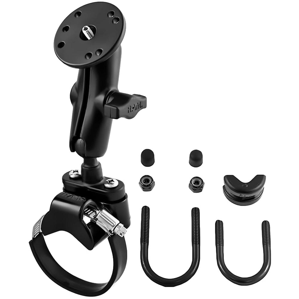 RAM Mount Strap Clamp Roll Bar Mount w/Standard Length Double Socket Arm & 2.5" Round Base w/1/4" - 20 Male Threaded Post [RAM - B - 149Z - 2 - 202AU], Rail/Handle Bar Mounts, RAM Mounting Systems, , , at Festive Water Paddlesports