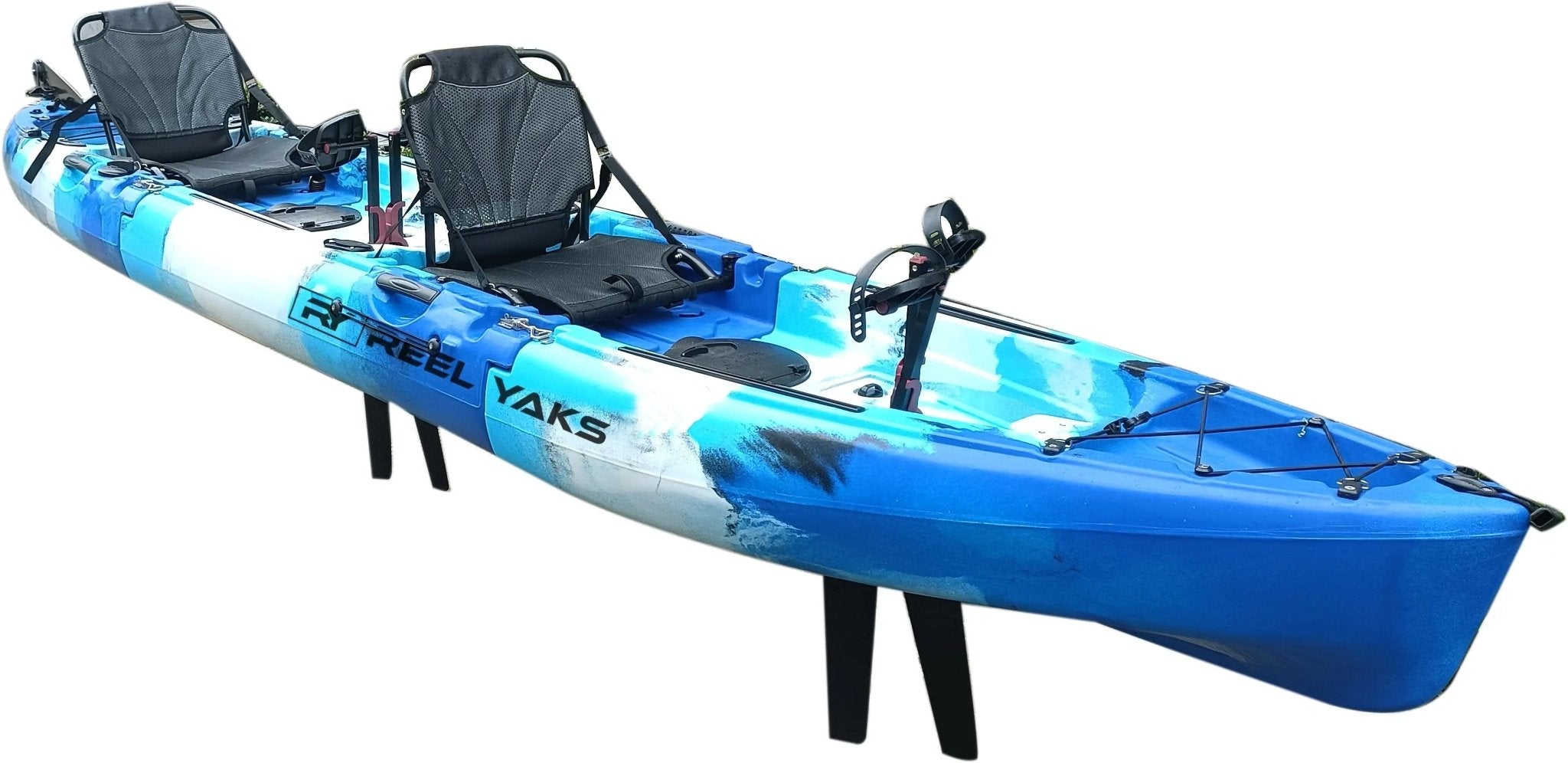 Raptor 14ft Tandem | Fin & Prop Drive | Modular Fishing Kayak, Fishing Kayak, ReelYaks, Blue Camo in 10 - 12 weeks at Festive Water Paddlesports