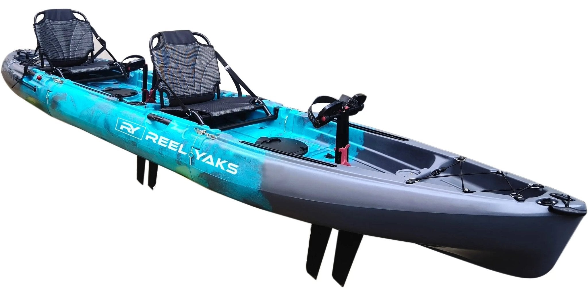 Raptor 14ft Tandem | Fin & Prop Drive | Modular Fishing Kayak, Fishing Kayak, ReelYaks, Cyan Gray 1 - 2 weeks at Festive Water Paddlesports