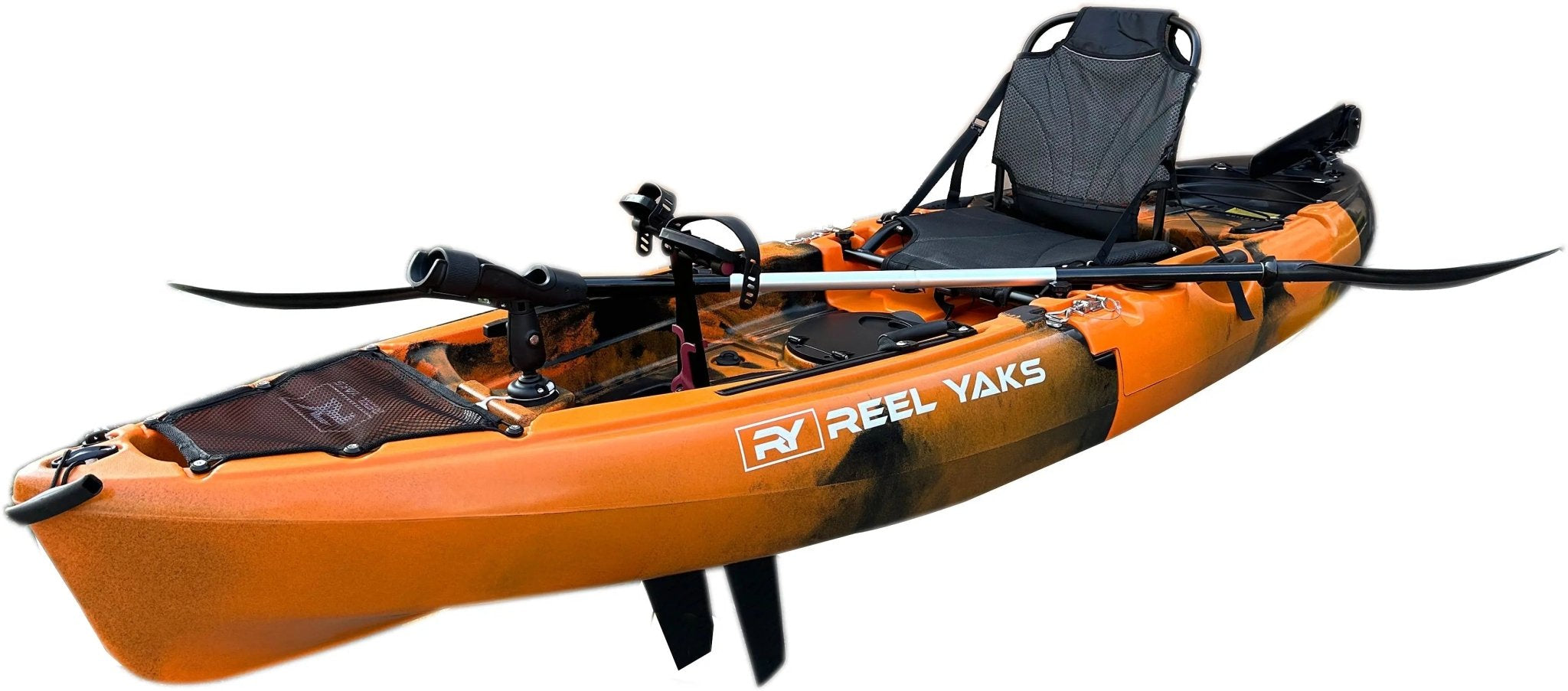 Raptor 9.5ft Fin Drive Modular Fishing Kayak, Fishing Kayak, ReelYaks, Orange Black in 8 - 12 weeks at Festive Water Paddlesports