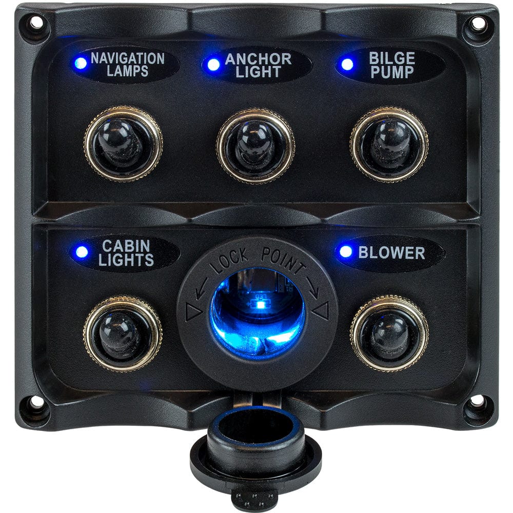 Sea - Dog Water Resistant Toggle Switch Panel w/LED Power Socket - 5 Toggle [424627 - 1], Electrical Panels, Sea - Dog, , , at Festive Water Paddlesports