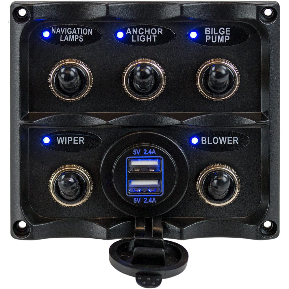Sea - Dog Water Resistant Toggle Switch Panel w/USB Power Socket - 5 Toggle [424617 - 1], Electrical Panels, Sea - Dog, , , at Festive Water Paddlesports