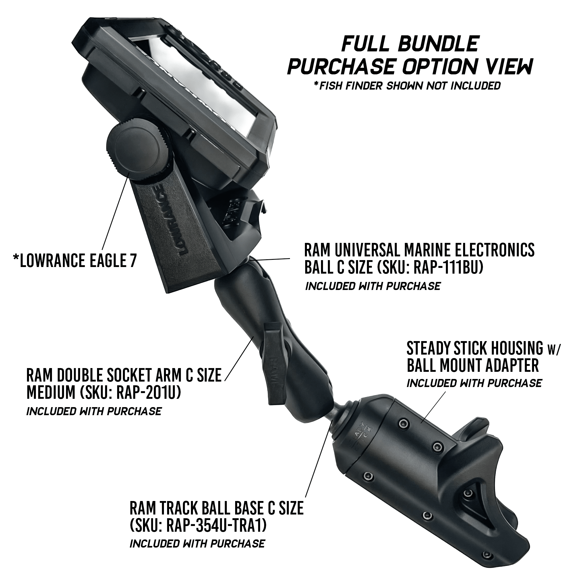 STEADY STICK® 1.5" BALL MOUNT ADAPTER for the OLD TOWN PDL DRIVE, kayak accessory, Steady Stick®, FULL BUNDLE: Steady Stick Housing w/ Ball Mount Adapter + RAM® Mounts 1.5" Ball + Medium Double Socket Arm + Universal Marine Electronics 1.5" Ball at Festive Water Paddlesports