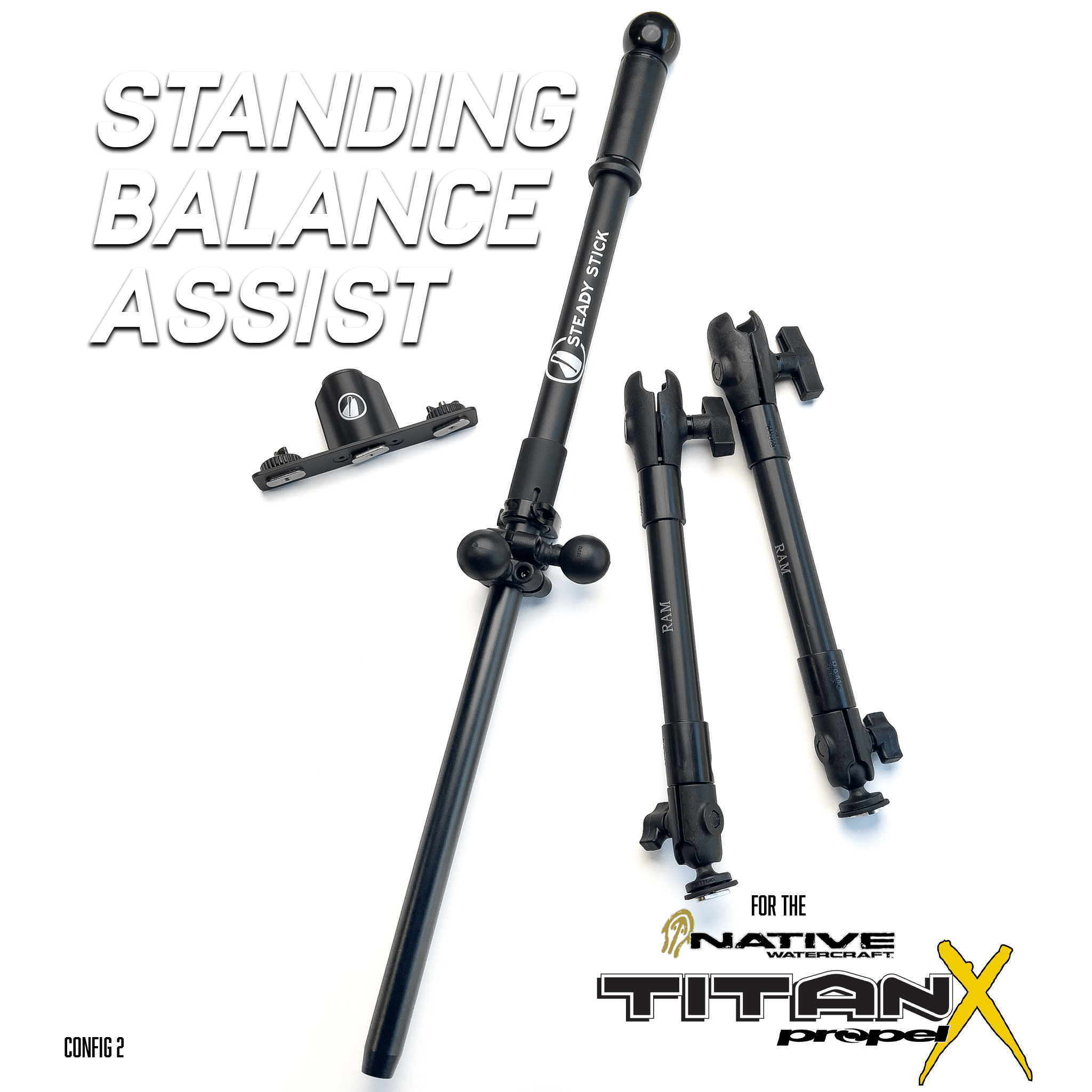 STEADY STICK® for the NATIVE TITAN X, kayak accessory, Steady Stick®, Configuration 2 (w/out Boonedox Slotted Console) at Festive Water Paddlesports