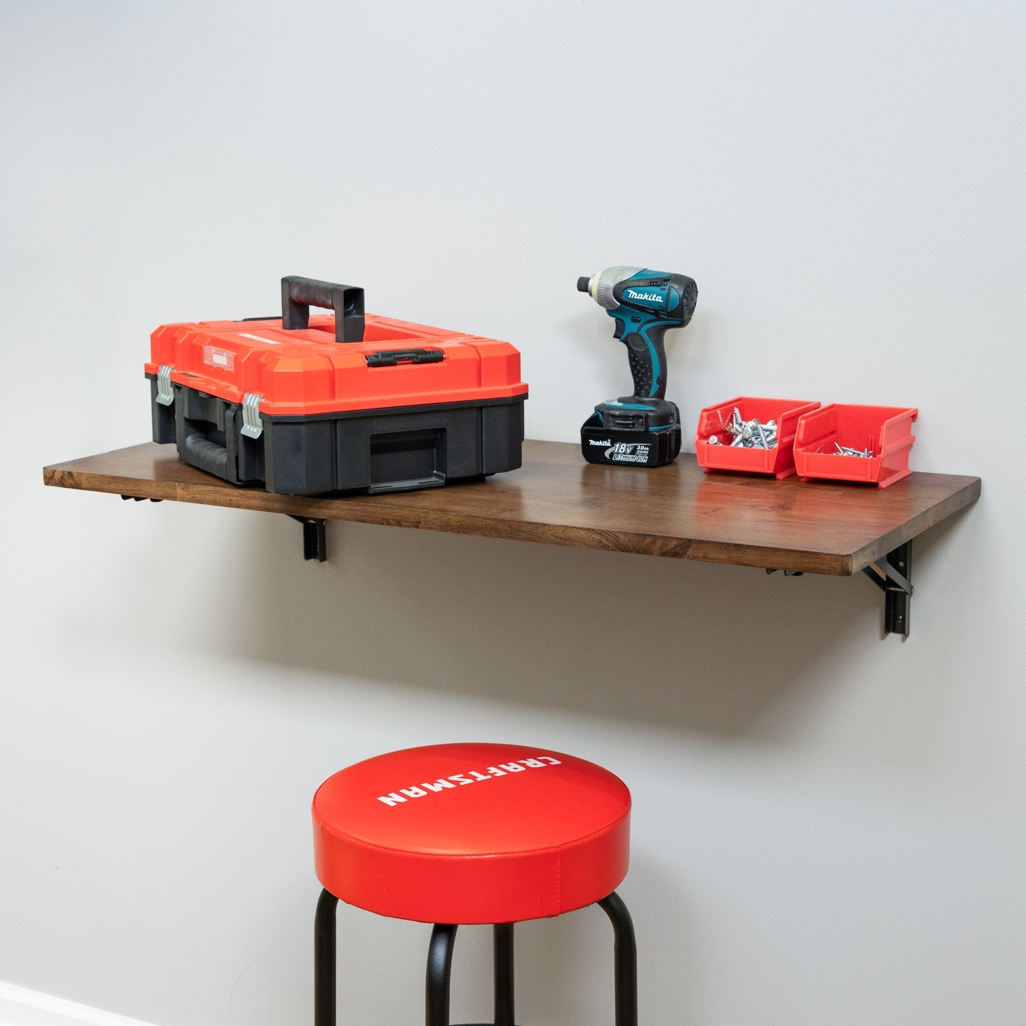 Wakefield Foldable Workbench | Dark Wood Tabletop with Black Brackets | Heavy - Duty Table, Wall Mounted, StoreYourBoard, , , at Festive Water Paddlesports