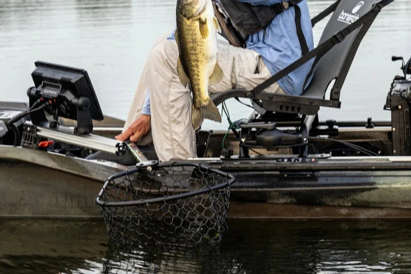 A fishing boat on calm water with a person standing on the deck holding a large fish, alongside a black landing net and fishing gear.