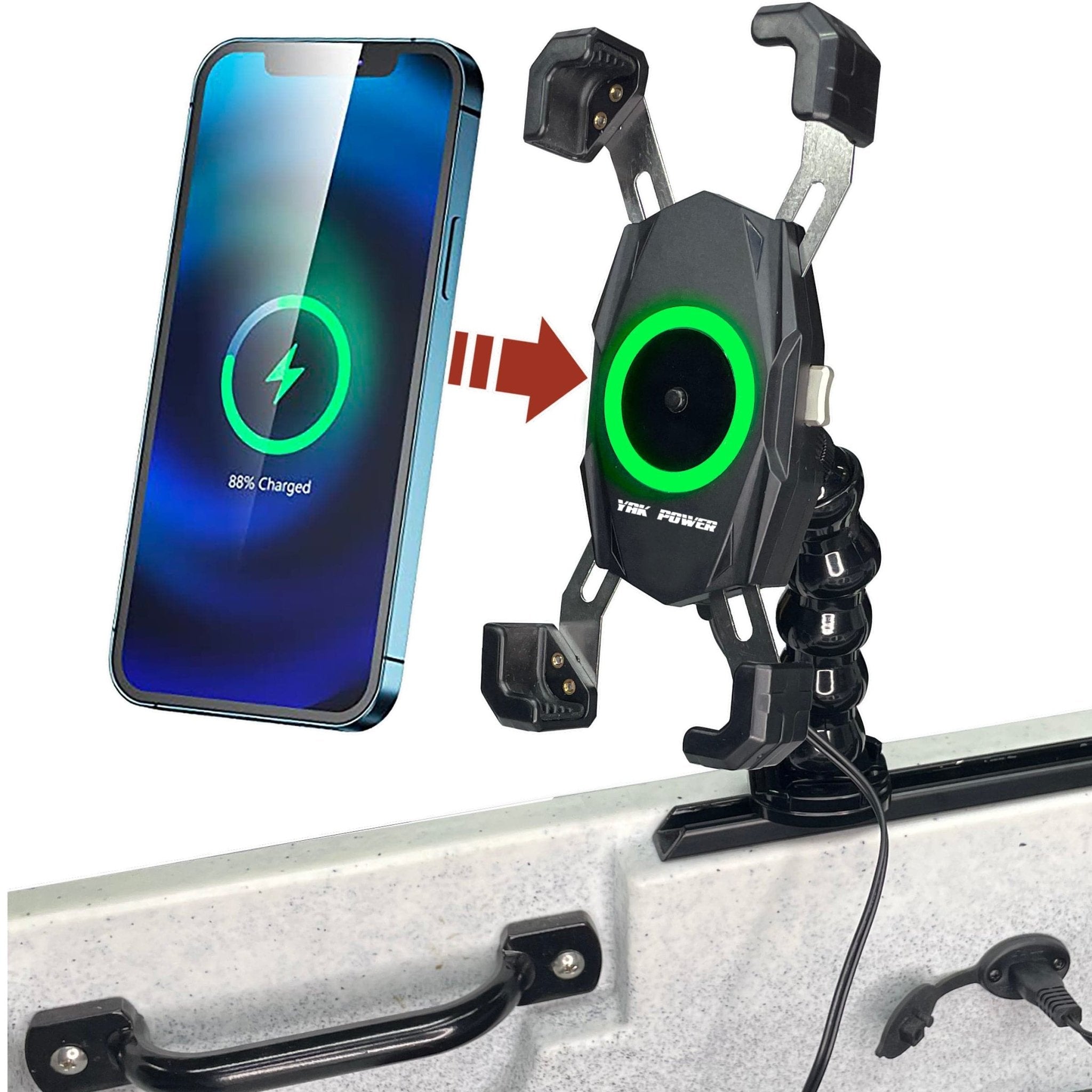 YP - MPWC 12 Volt Mobile Phone Wireless Fast Charger (15W) | One Hand Operation | 360 Degree Adjustable Gooseneck Action Mount, , Yak Power, , , at Festive Water Paddlesports
