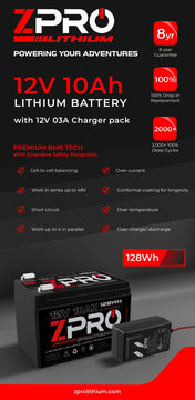 ZPro 12v 10ah Lithium Battery with Charger, Battery, ZPro, , , at Festive Water Paddlesports