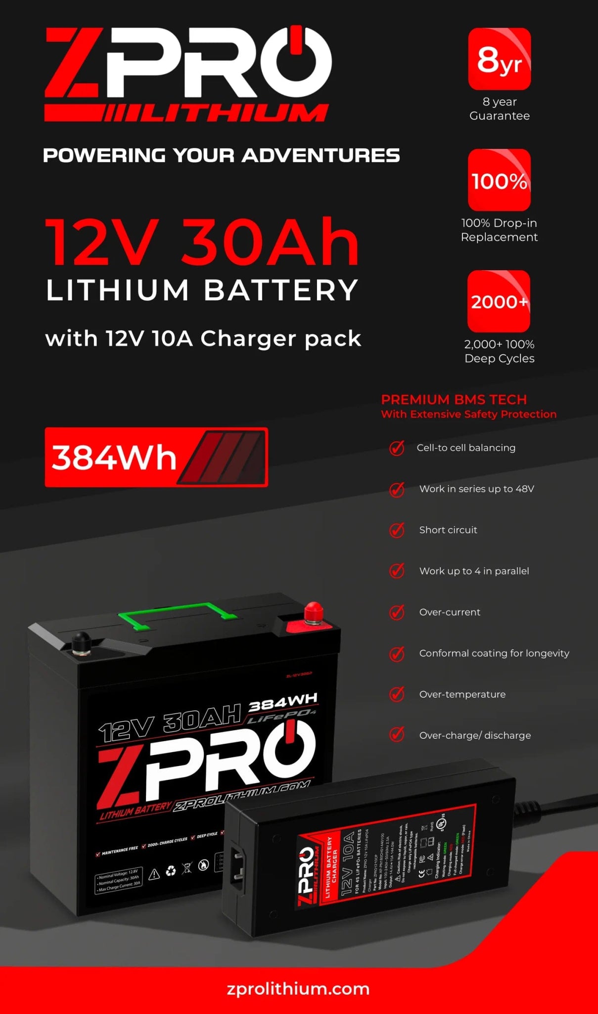 ZPro 12v 30ah Lithium Battery with Charger, Battery, ZPro, , , at Festive Water Paddlesports